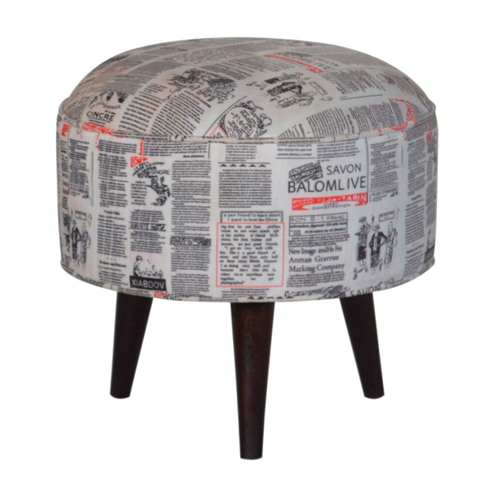 IN1018 - Round Footstool with News Print Velvet - Image 2