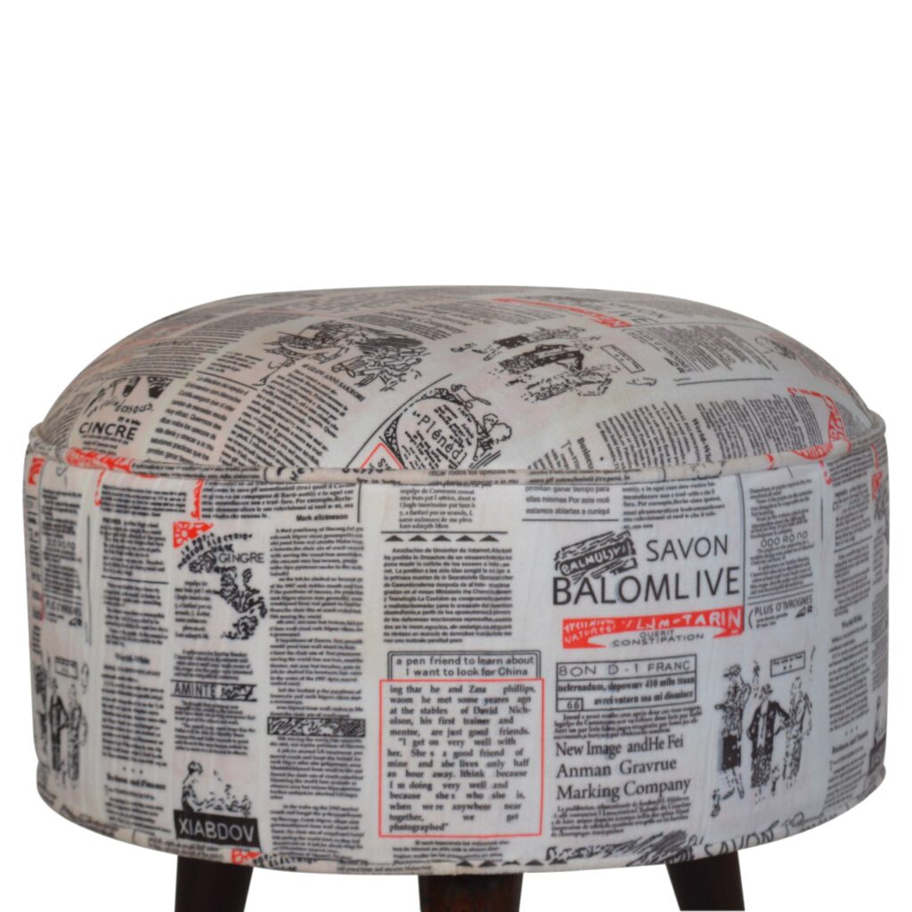 IN1018 - Round Footstool with News Print Velvet - Image 3