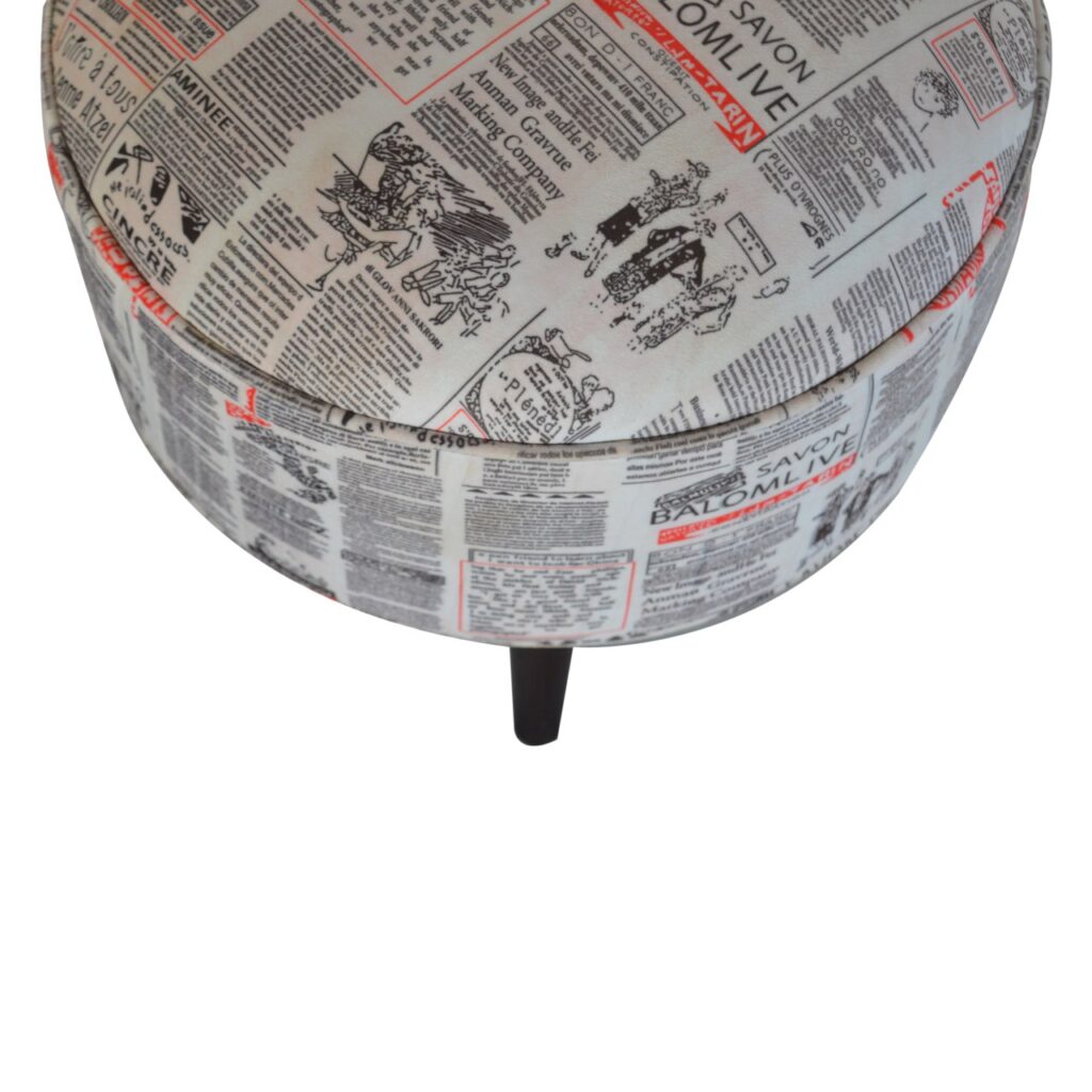 IN1018 - Round Footstool with News Print Velvet - Image 4