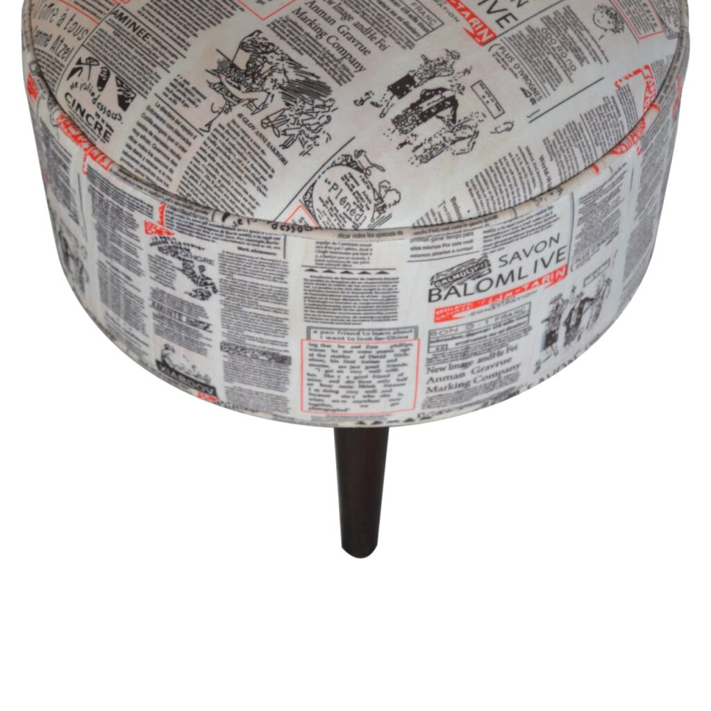 IN1018 - Round Footstool with News Print Velvet - Image 8