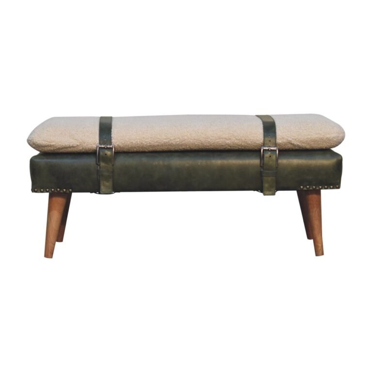 bouclé buffalo hide olive green leather bench