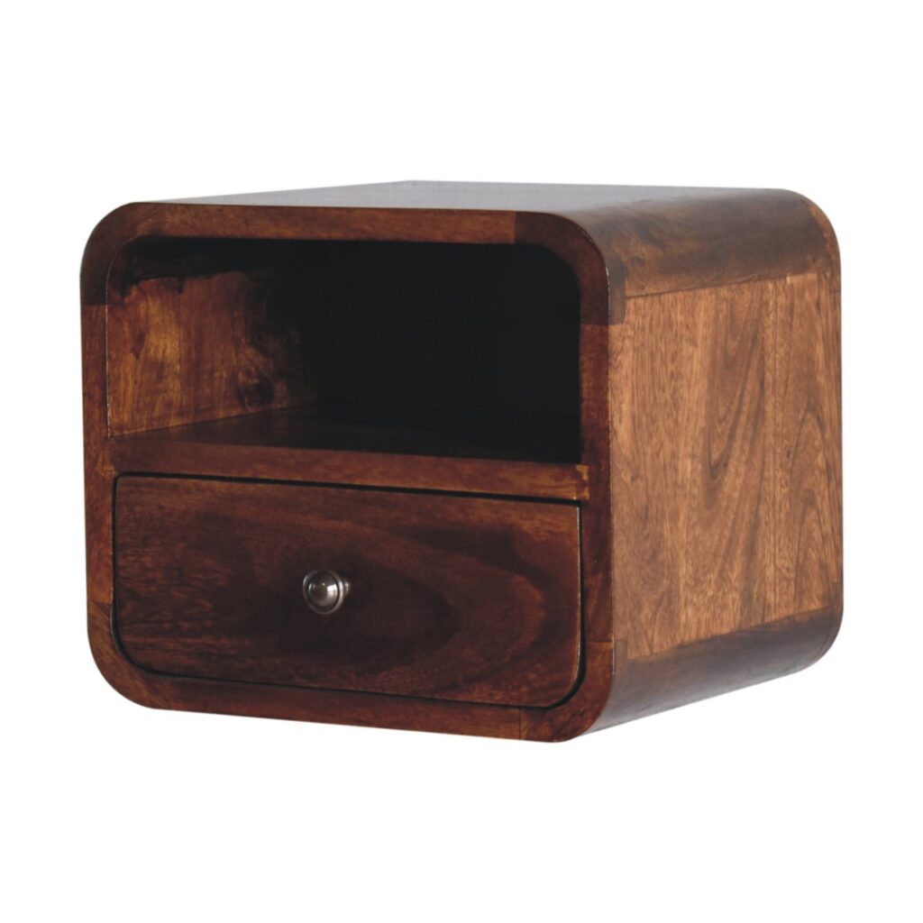 Extra Mini Wall Mounted Curved Chestnut Bedside with Open Slot - Image 3