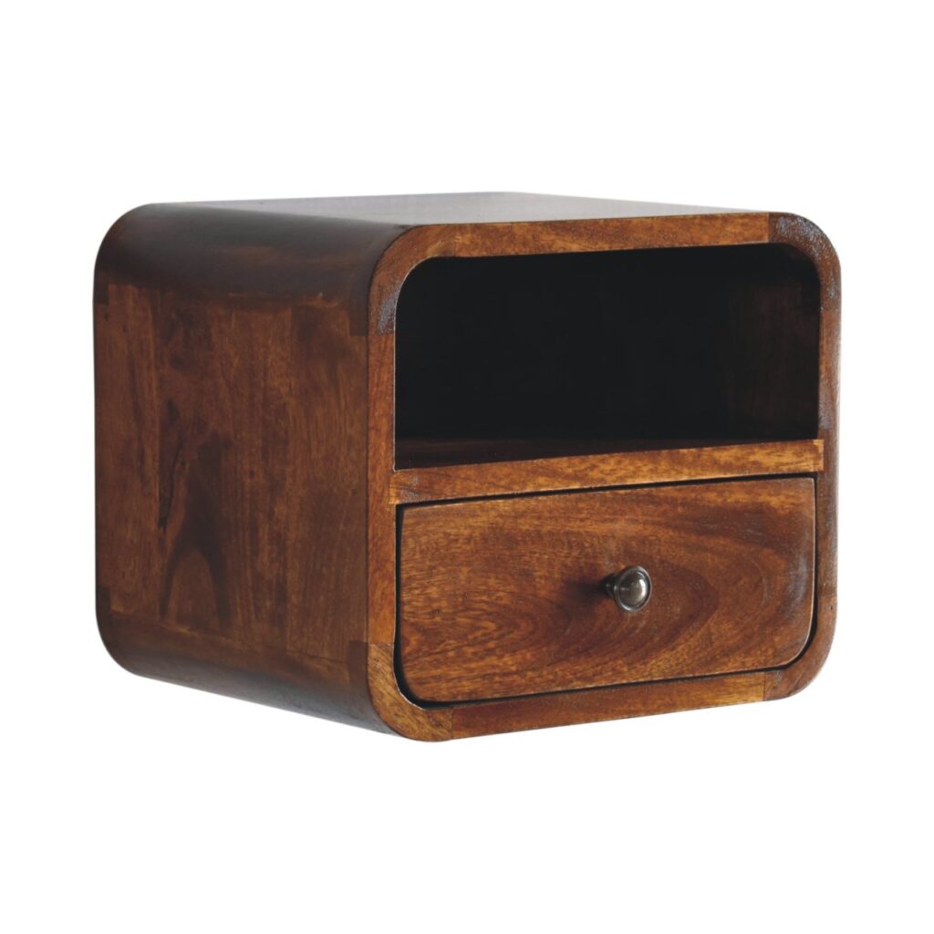 Extra Mini Wall Mounted Curved Chestnut Bedside with Open Slot - Image 4