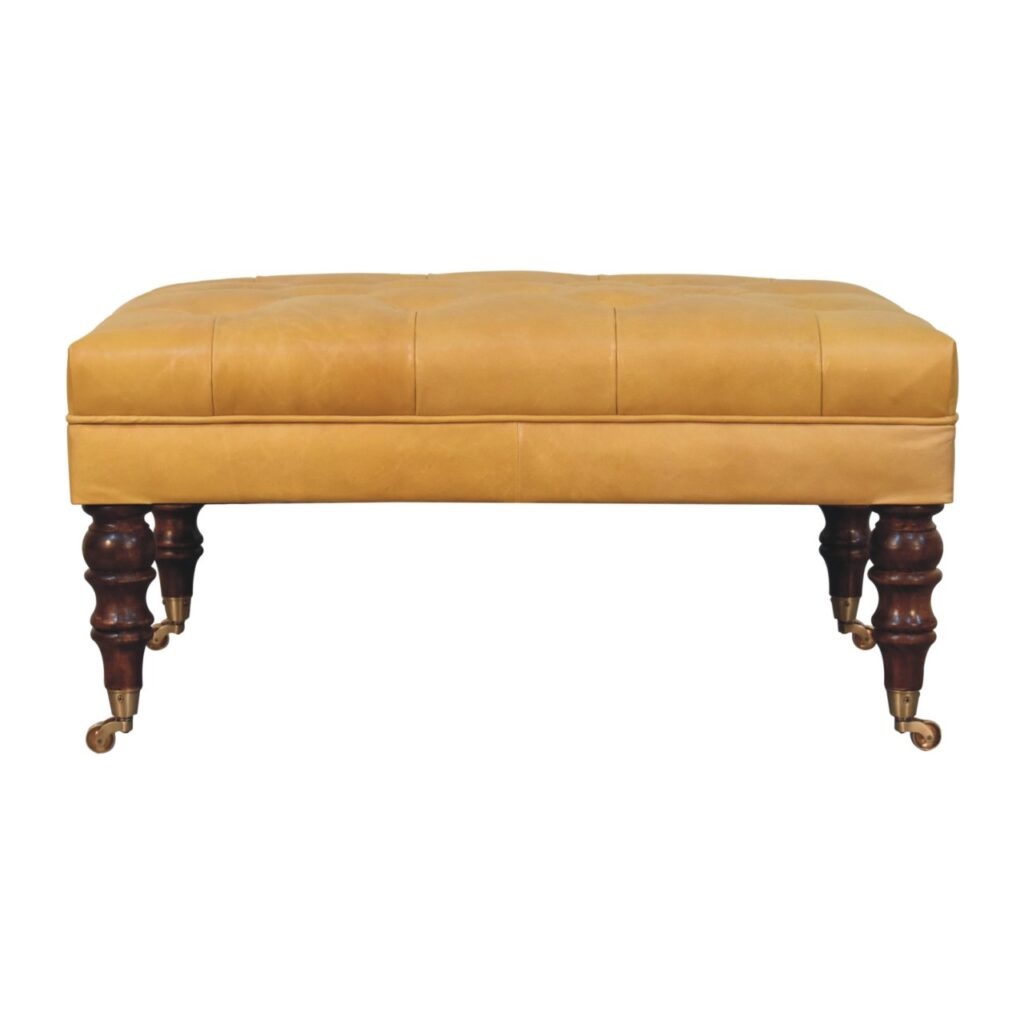 Honey Caramel Buffalo Ash Black Leather Ottoman with Castor Legs - Image 2