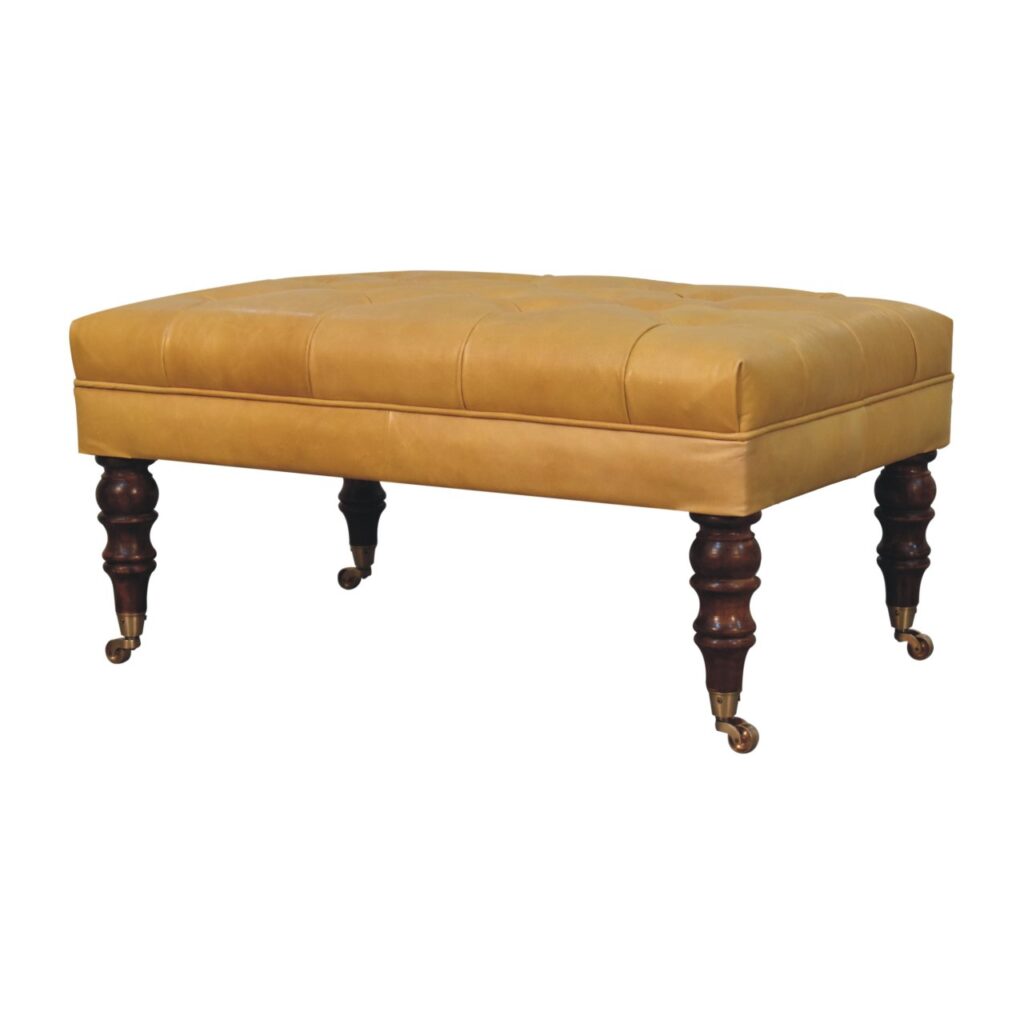 Honey Caramel Buffalo Ash Black Leather Ottoman with Castor Legs - Image 3