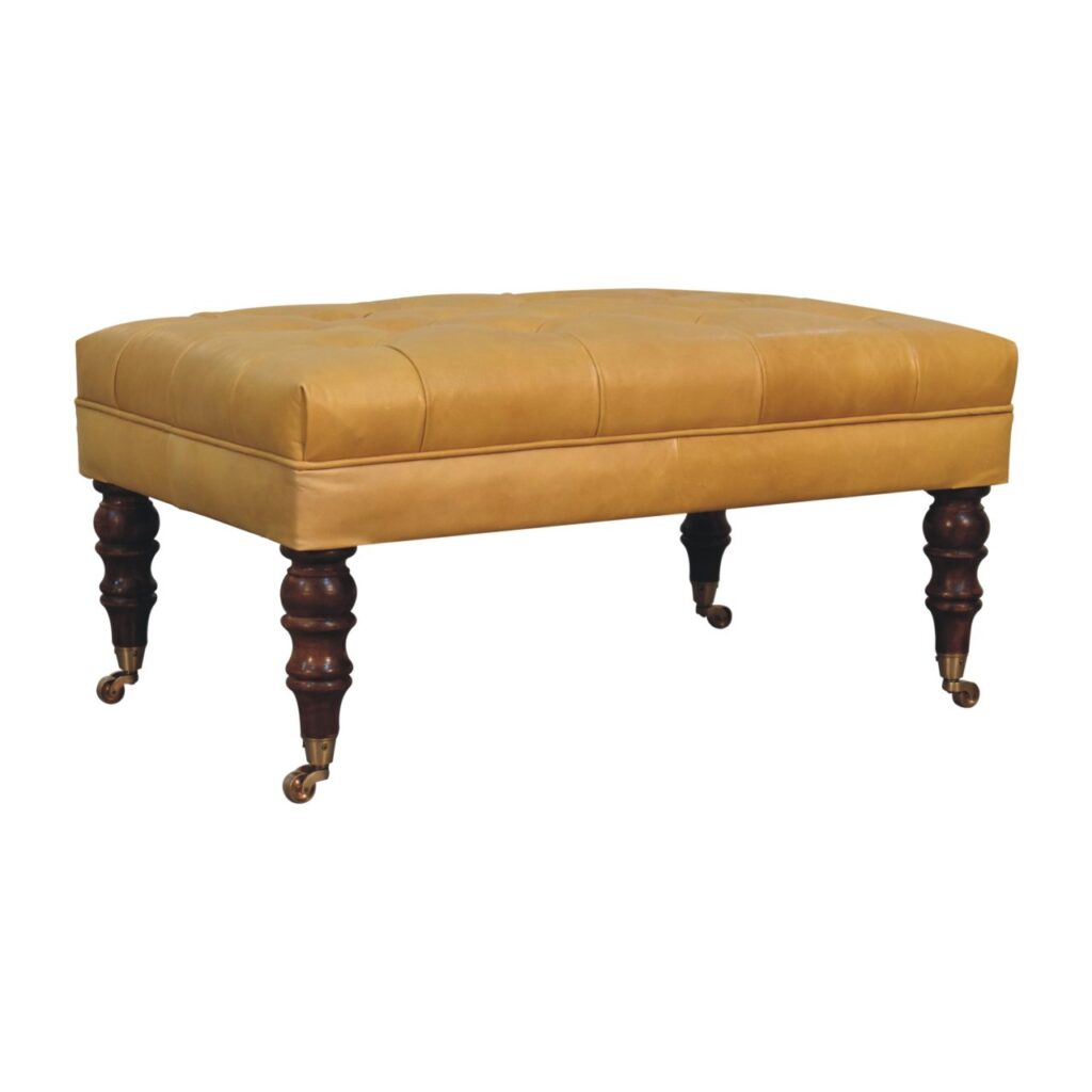 Honey Caramel Buffalo Ash Black Leather Ottoman with Castor Legs - Image 4