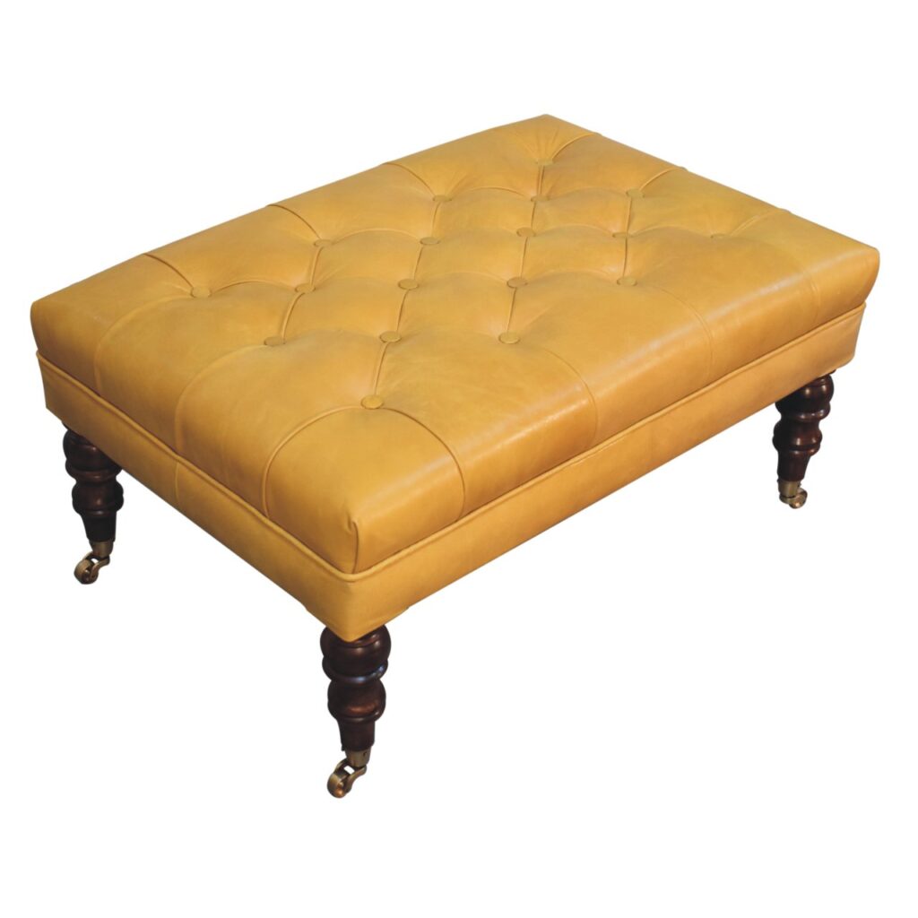 Honey Caramel Buffalo Ash Black Leather Ottoman with Castor Legs - Image 6