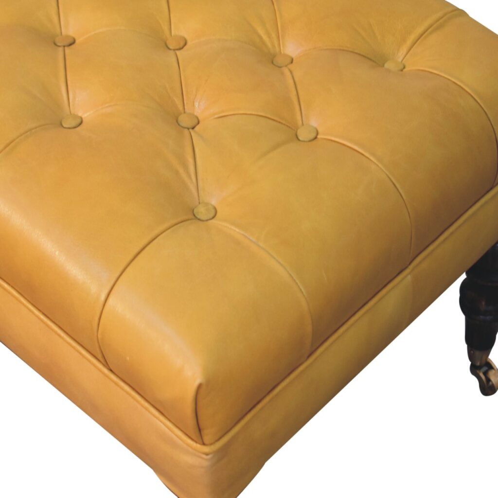 Honey Caramel Buffalo Ash Black Leather Ottoman with Castor Legs - Image 7