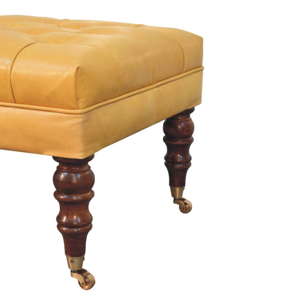 Honey Caramel Buffalo Ash Black Leather Ottoman with Castor Legs - Image 8