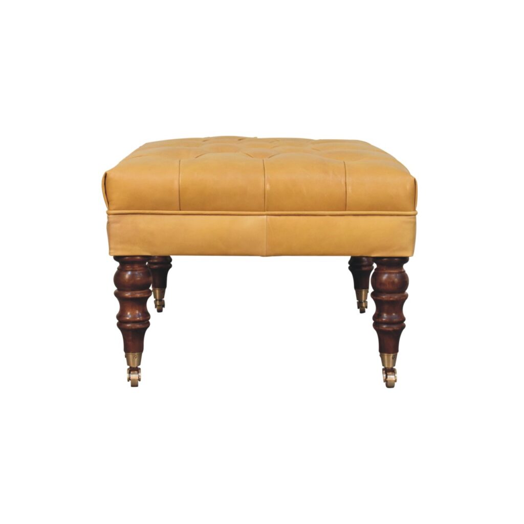 Honey Caramel Buffalo Ash Black Leather Ottoman with Castor Legs - Image 9