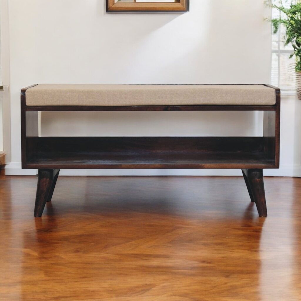 California Walnut bench with mud linen seat pad - Image 9