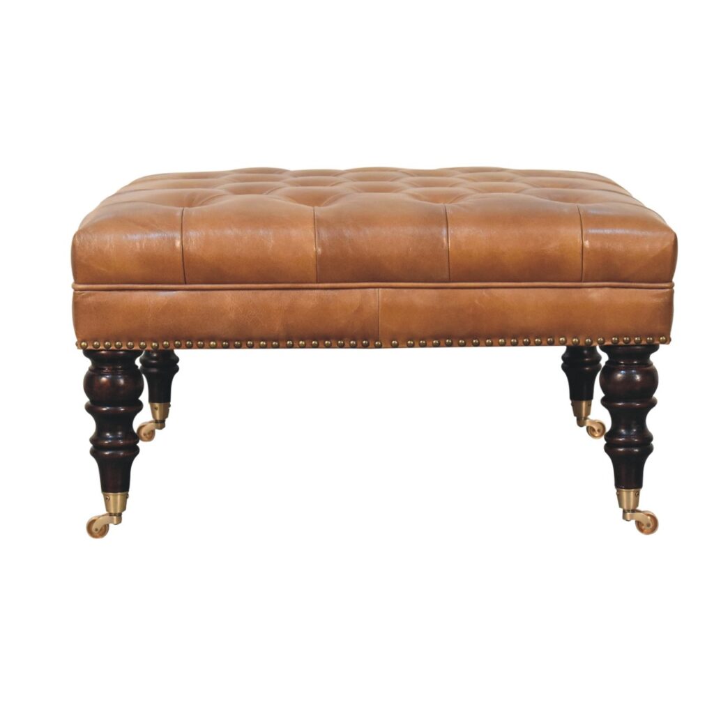 Studded Buffalo Tan Leather Ottoman with Castor Legs - Image 2