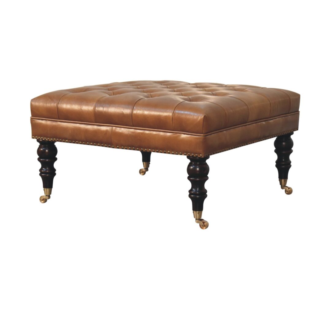 Studded Buffalo Tan Leather Ottoman with Castor Legs - Image 3