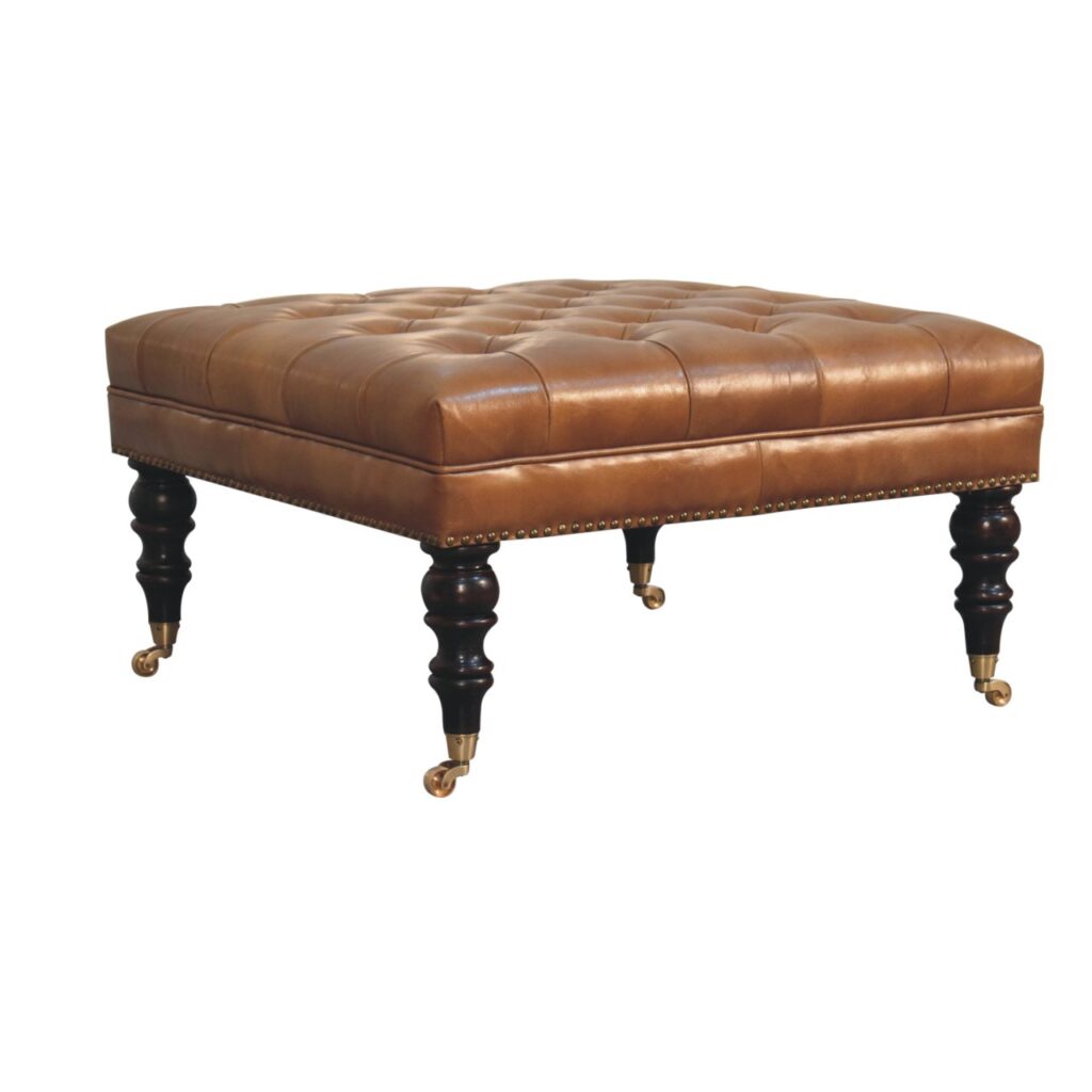 Studded Buffalo Tan Leather Ottoman with Castor Legs - Image 4