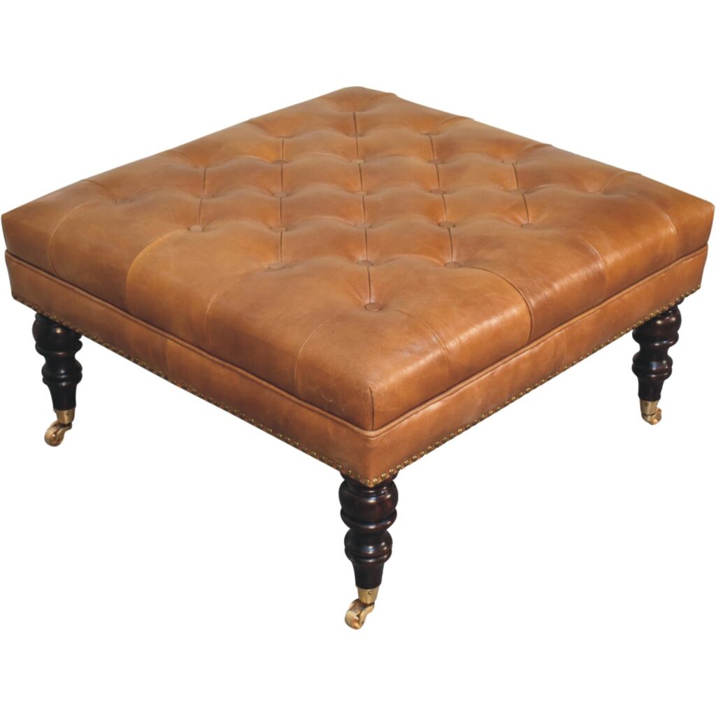 Studded Buffalo Tan Leather Ottoman with Castor Legs - Image 6