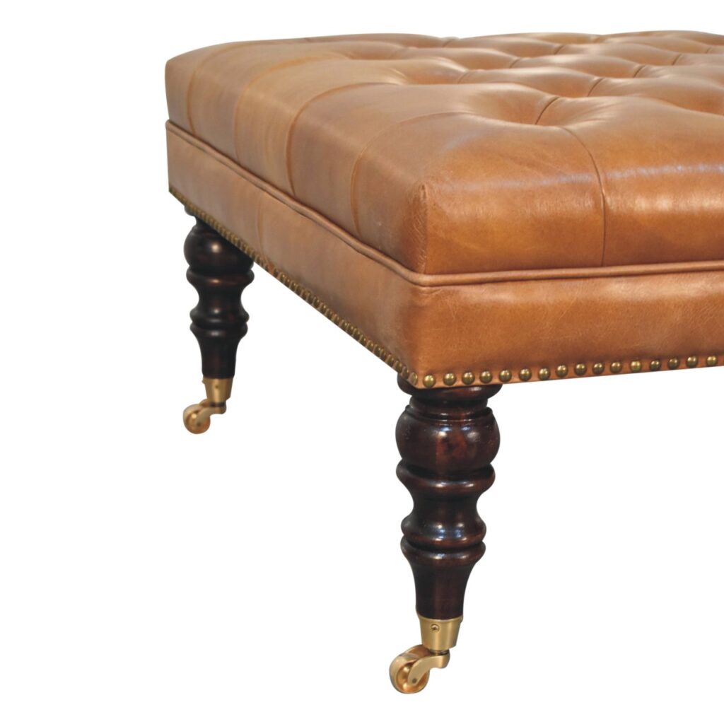 Studded Buffalo Tan Leather Ottoman with Castor Legs - Image 7