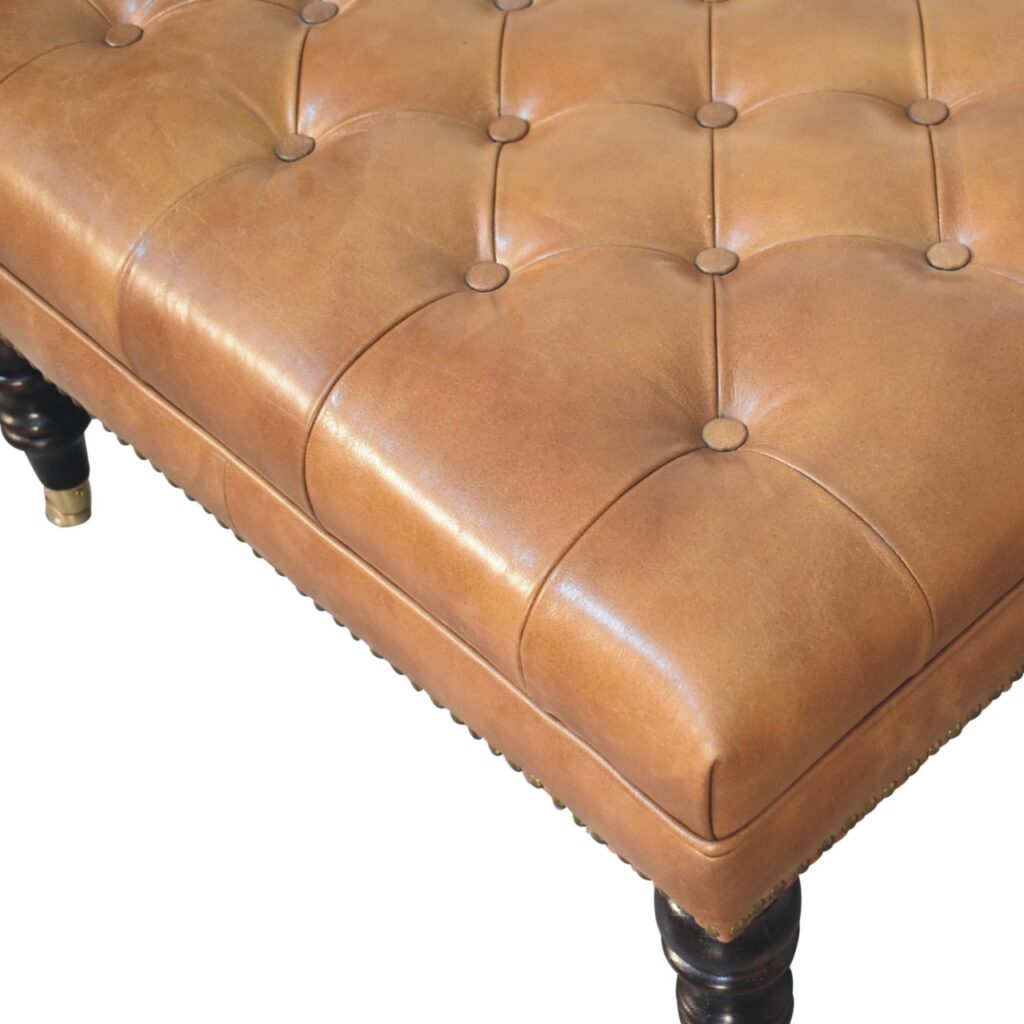 Studded Buffalo Tan Leather Ottoman with Castor Legs - Image 8