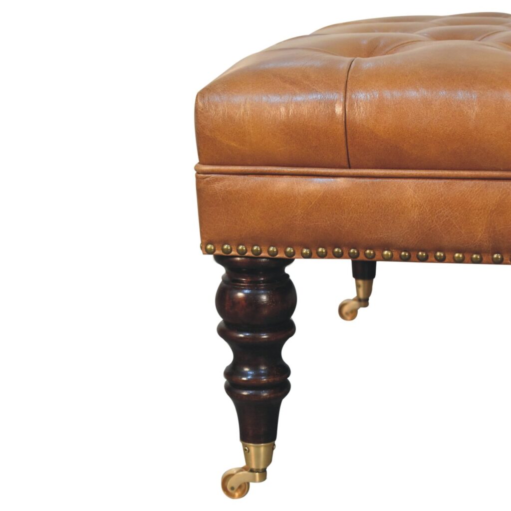 Studded Buffalo Tan Leather Ottoman with Castor Legs - Image 9